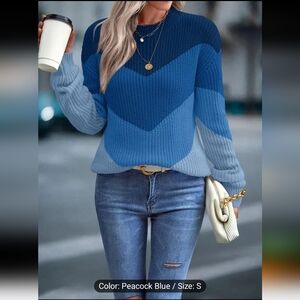 Colorblock Blue Sweater V-Shaped Pattern Drop-Shoulder Size S